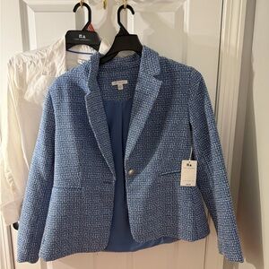 Blue Tweed Blazer + White Embroidered Blouse Set – Elegant & Classy Outfit